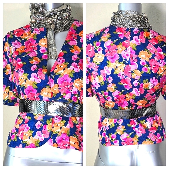 100% Silk Vibrant Bold Floral Print "Papell" Cropped Blouse Blazer - Picture 2 of 15
